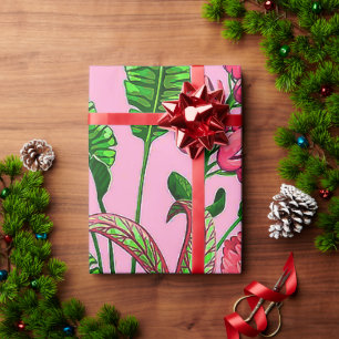 Beautiful Tropical Green Leaves with Red Flowers   Wrapping Paper