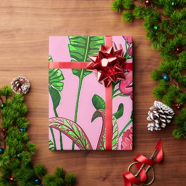 Beautiful Tropical Green Leaves with Red Flowers | Wrapping Paper (Holiday Gift)