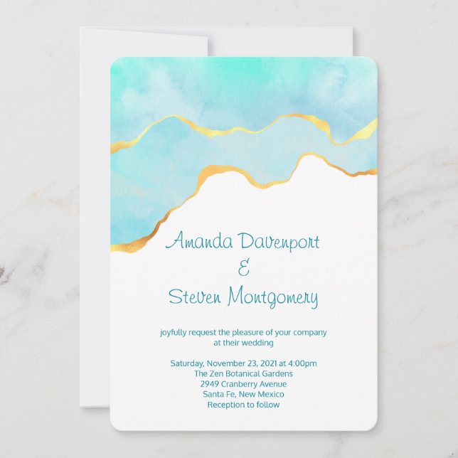 Beautiful Tropical Green with Gold Border Wedding Invitation (Front)