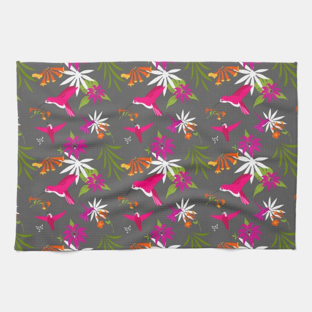 Beautiful Tropical Leaves and Hummingbirds Pattern Tea Towel (Horizontal)