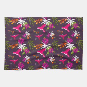 Beautiful Tropical Leaves and Hummingbirds Pattern Tea Towel