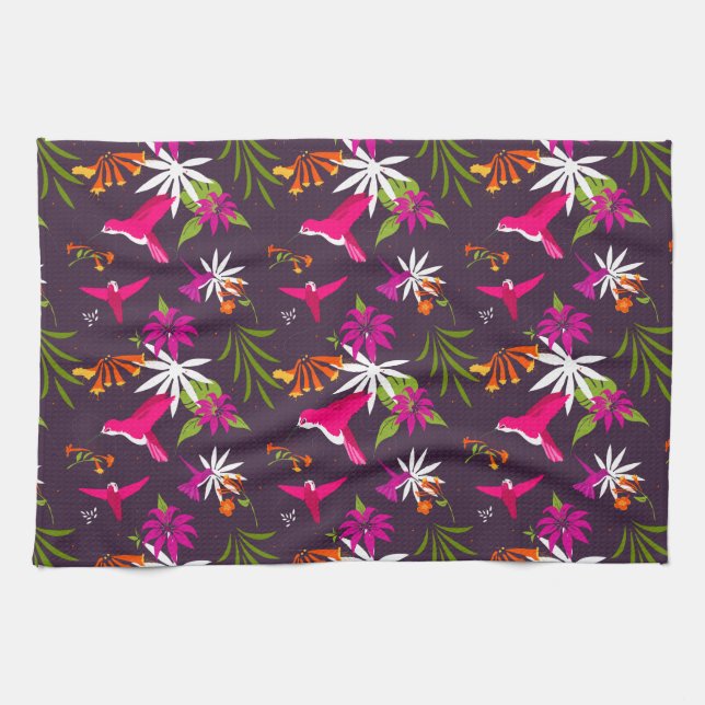 Beautiful Tropical Leaves and Hummingbirds Pattern Tea Towel (Horizontal)