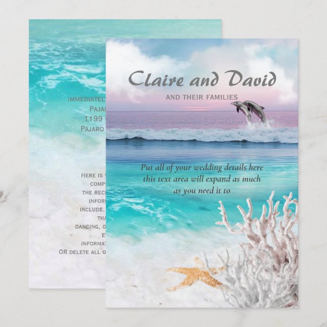 BEAUTIFUL TROPICAL OCEAN SUNRISE DOLPHINS INVITATION (Front/Back)