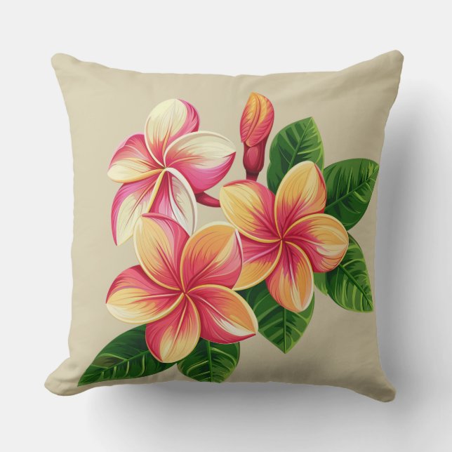 Beautiful Tropical Pink Flowers on Beige Cushion (Front)