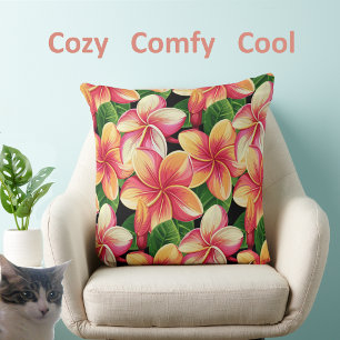Beautiful Tropical Pink Flowers on Black Cushion