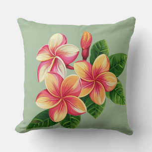 Beautiful Tropical Pink Flowers on Light Green Cushion