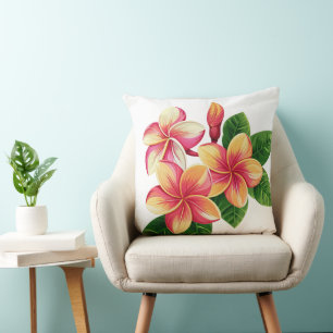 Beautiful Tropical Pink Flowers on White Cushion