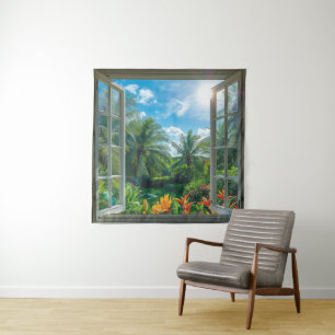 Beautiful Tropical Scenic Window Square Tapestry