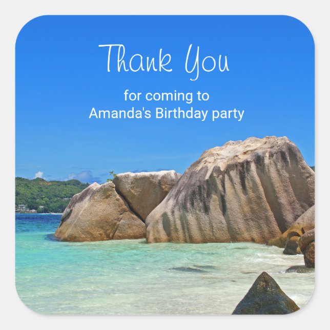  Beautiful Tropical Sea Rocky Coastline Birthday Square Sticker (Front)
