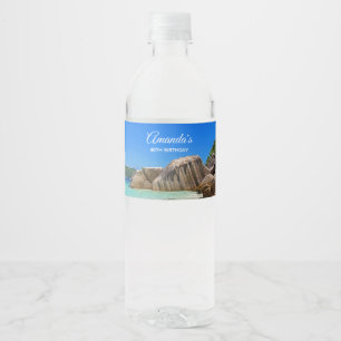 Beautiful Tropical Sea Rocky Coastline Birthday Water Bottle Label