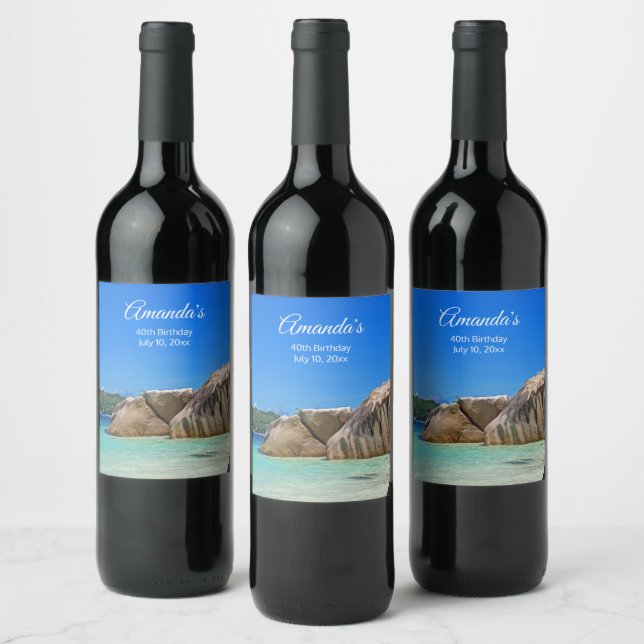 Beautiful Tropical Sea Rocky Coastline Birthday Wine Label (Bottles)