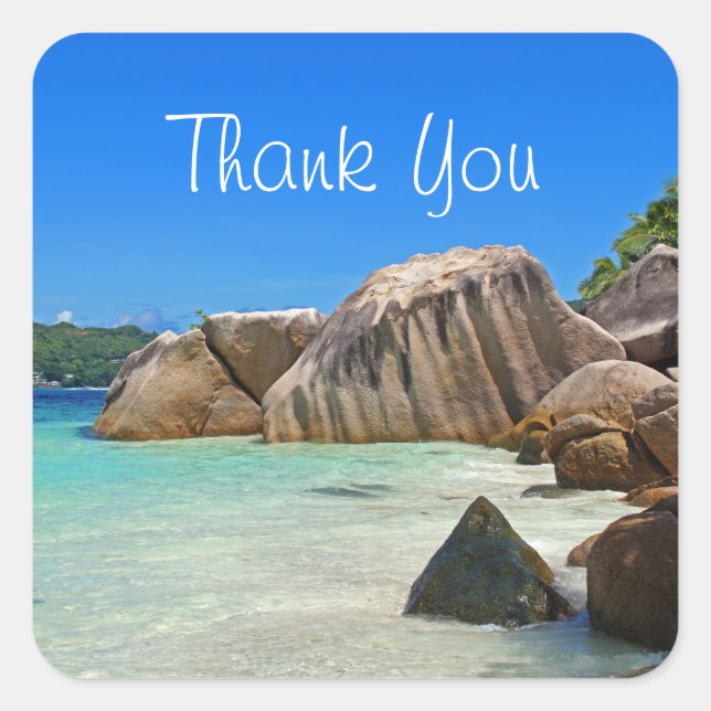 Beautiful Tropical Sea Rocky Coastline Thank You Square Sticker (Front)