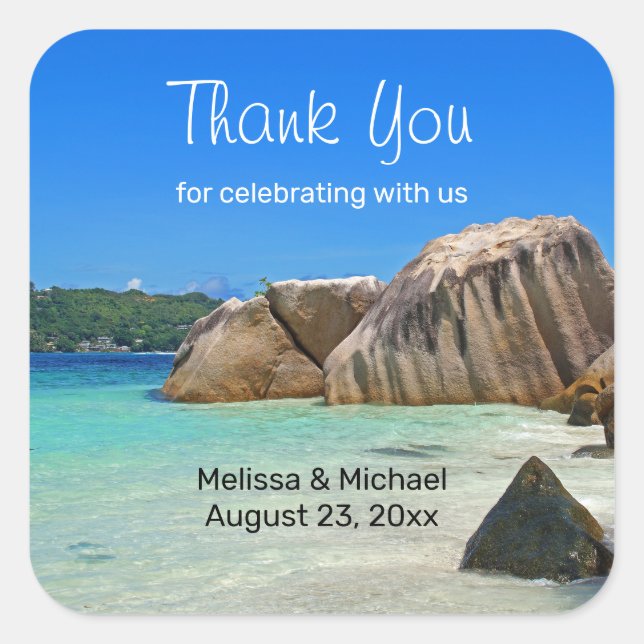 Beautiful Tropical Sea Rocky Coastline Wedding Square Sticker (Front)