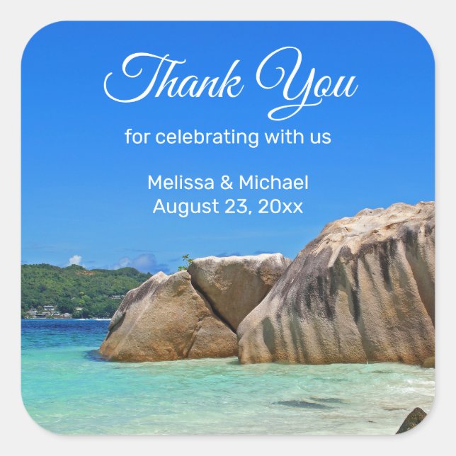 Beautiful Tropical Sea Rocky Coastline Wedding Square Sticker (Front)