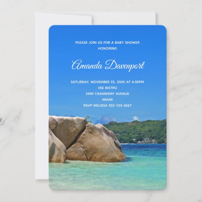 Beautiful Tropical Sea with a Rocky Beach Shower Invitation (Front)