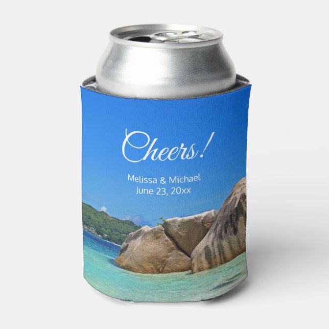 Beautiful Tropical Sea with a Rocky Beach Wedding Can Cooler (Can Front)