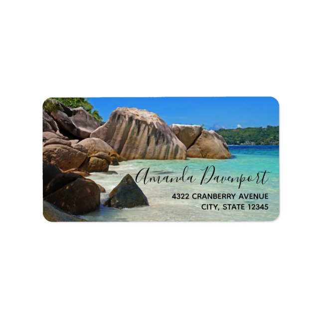 Beautiful Tropical Sea with Rock Covered Coast Label (Front)