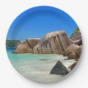 Beautiful Tropical Sea with Rock Covered Coast Paper Plate