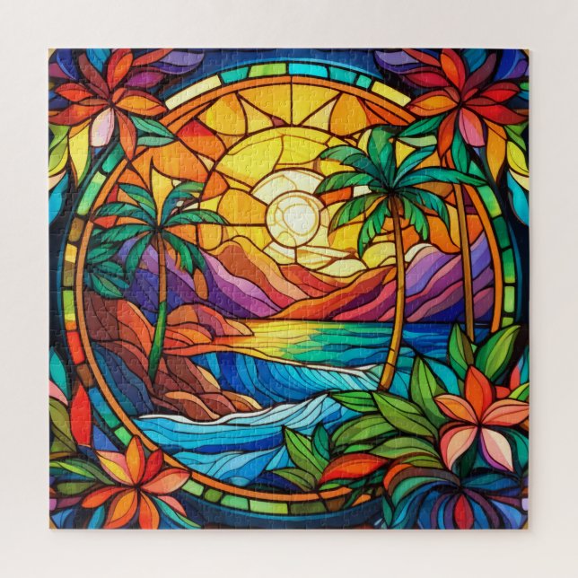 Beautiful Tropical stained glass art puzzle (Vertical)