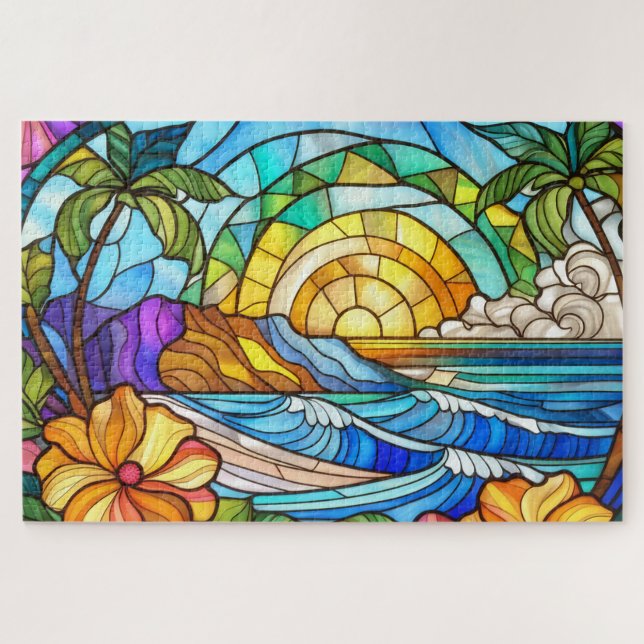 Beautiful Tropical stained glass art puzzle (Horizontal)