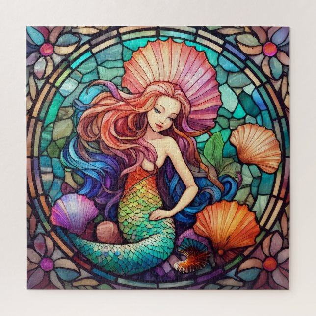 Beautiful Tropical stained glass Mermaid puzzle (Vertical)