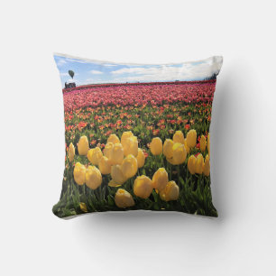 Beautiful Tulip Field with Hot Air Balloon, Oregon Cushion