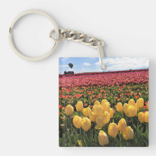 Beautiful Tulip Field with Hot Air Balloon, Oregon Key Ring
