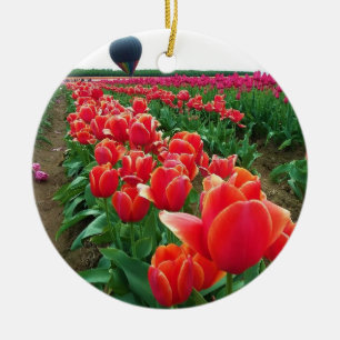 Beautiful Tulip Field with Hot Air Balloons Ceramic Ornament