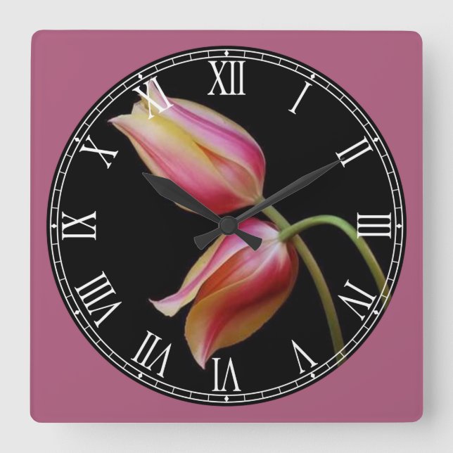Beautiful Tulips Roman Numeral Square Wall Clock (Front)