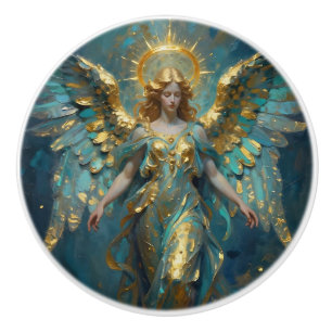 Beautiful Turquoise and Gold Angel Art Ceramic Knob