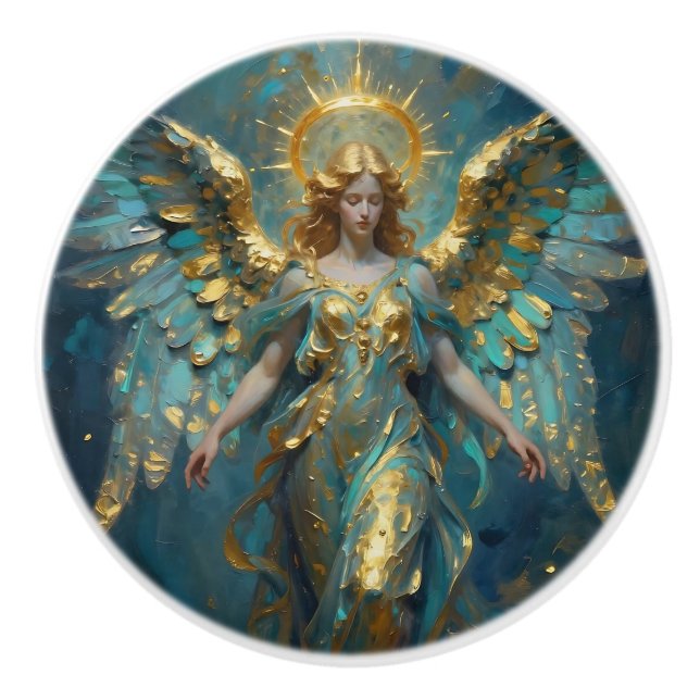 Beautiful Turquoise and Gold Angel Art Ceramic Knob (Front)