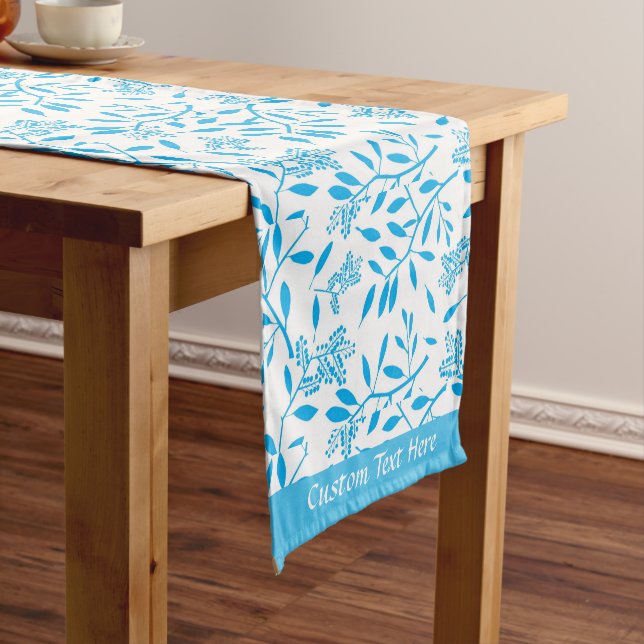 Beautiful Turquoise Blue Floral Foliage Pattern Short Table Runner (In Situ)