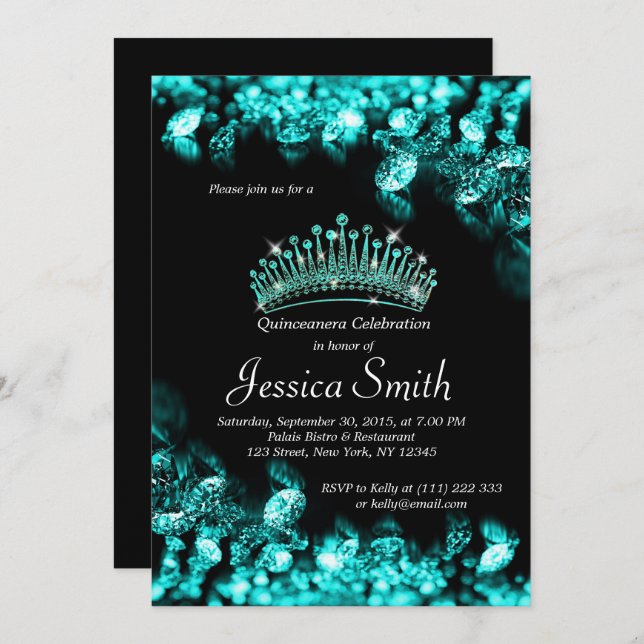 Beautiful Turquoise Diamond Quinceañera Invite (Front/Back)