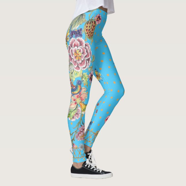 Beautiful Turquoise Floral Butterfly Chinoiserie  Leggings (Right)