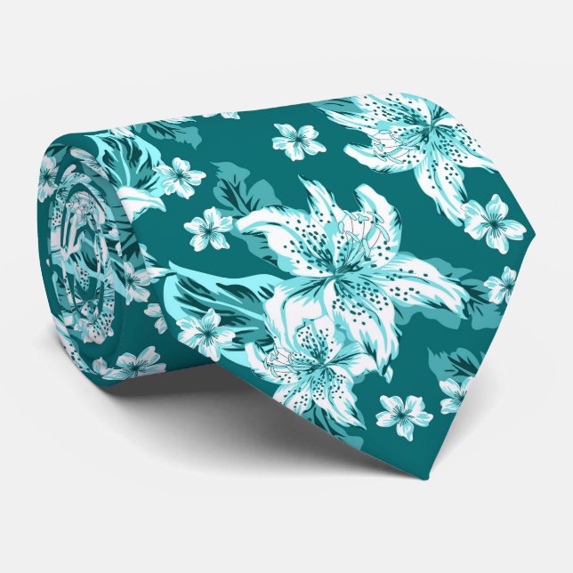 Beautiful turquoise flower pattern tie (Rolled)
