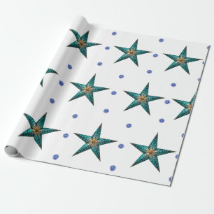 Beautiful Turquoise Holiday Star on White Wrapping Paper