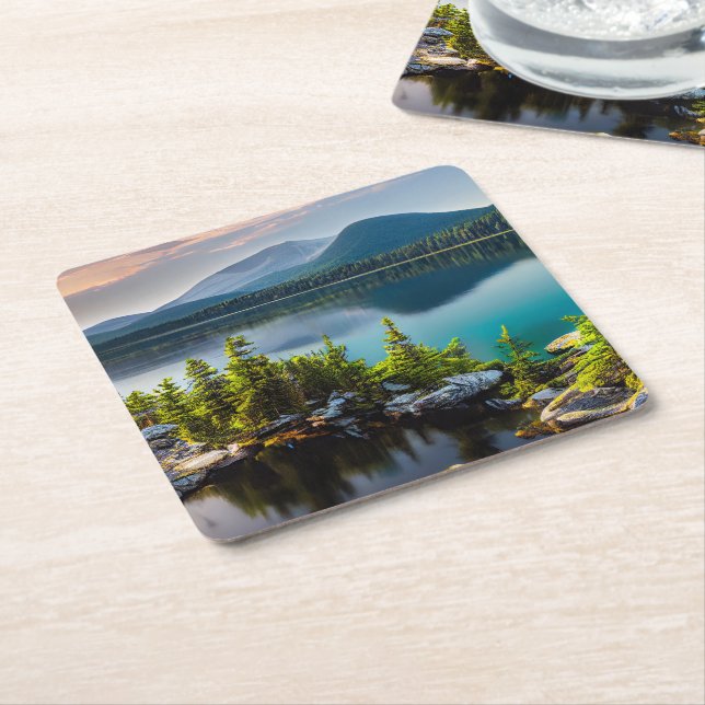 Beautiful Turquoise Lake Mountains Pine Forest   Square Paper Coaster (Angled)