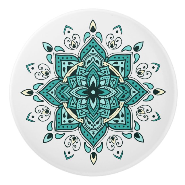 Beautiful turquoise mandala design ceramic knob (Front)