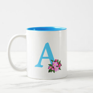 Beautiful turquoise monogram with apple flowers Two-Tone coffee mug