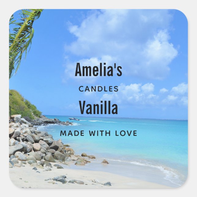 Beautiful Turquoise Tropical Beach Candle Business Square Sticker (Front)