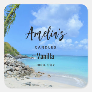 Beautiful Turquoise Tropical Beach Candle Business Square Sticker