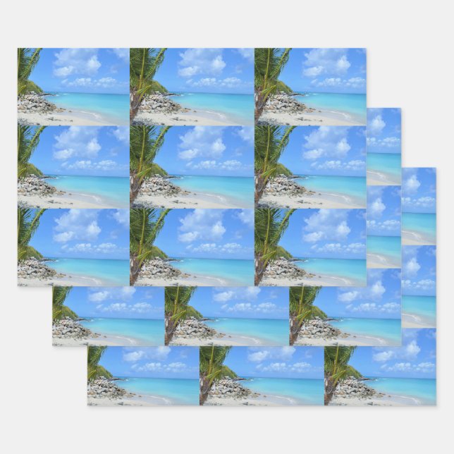 Beautiful Turquoise Tropical Beach Pattern Wrapping Paper Sheet (Set)