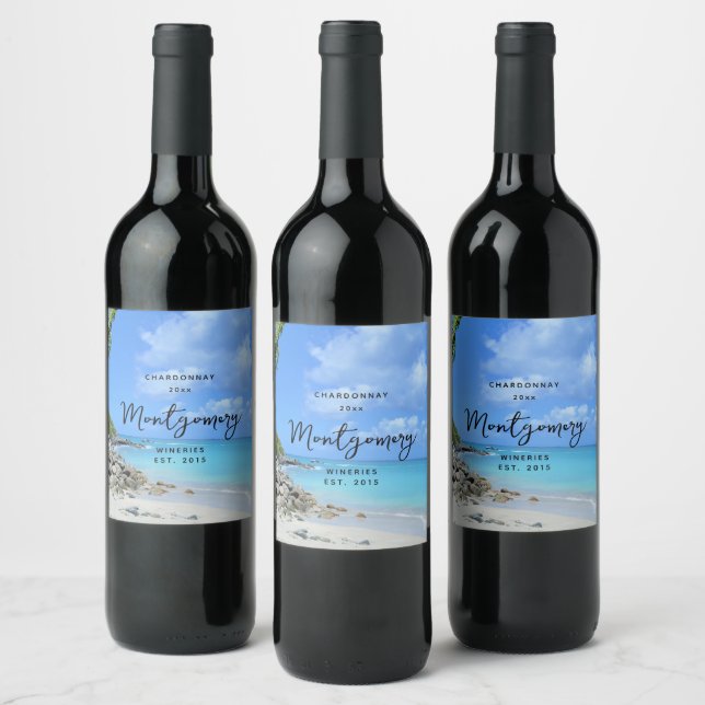 Beautiful Turquoise Tropical Beach Wine Making Wine Label (Bottles)