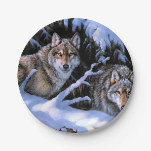 Beautiful Two Wolves Paintings Paper Plate