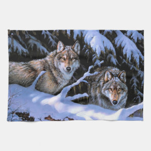 Beautiful Two Wolves Paintings Tea Towel