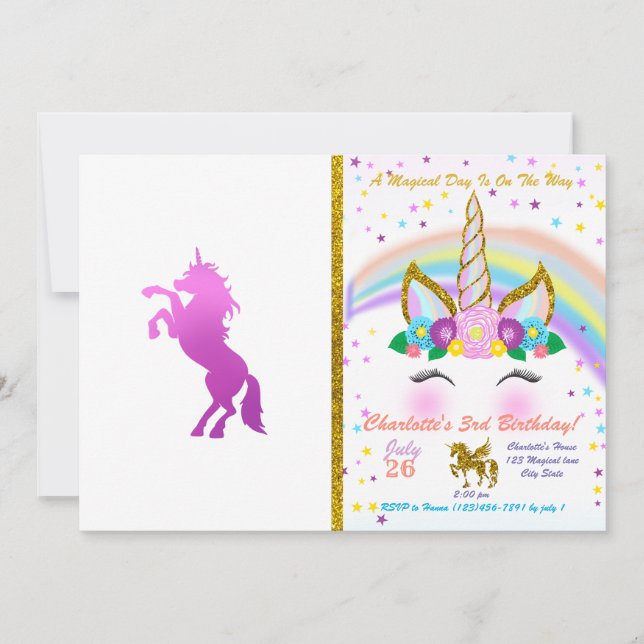 Beautiful unicorn - Choose background colour Invitation (Front)