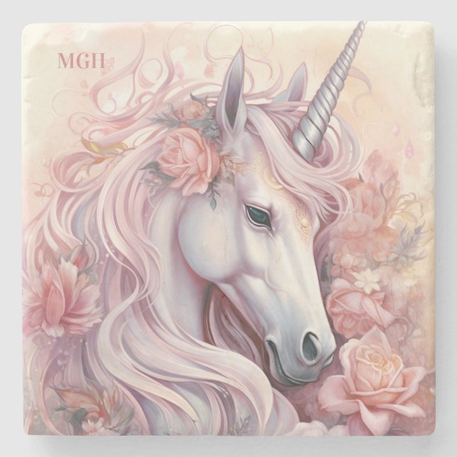 Beautiful Unicorn Custom Monogram Stone Coaster (Front)