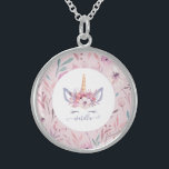 Beautiful unicorn face floral watercolor design sterling silver necklace<br><div class="desc">Beautiful fun colourful Unicorn face watercolor floral design. The perfect gift for the little girl in your life with this beautiful watercolor unicorn illustration and space to personalise. Part of a collection.</div>