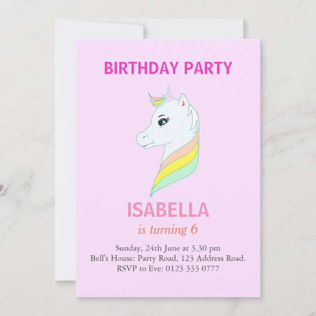 Beautiful Unicorn on Light Pink 6th Birthday Party Invitation (Front)