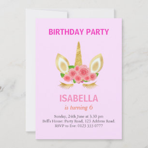 Beautiful Unicorn on Light Pink 6th Birthday Party Invitation